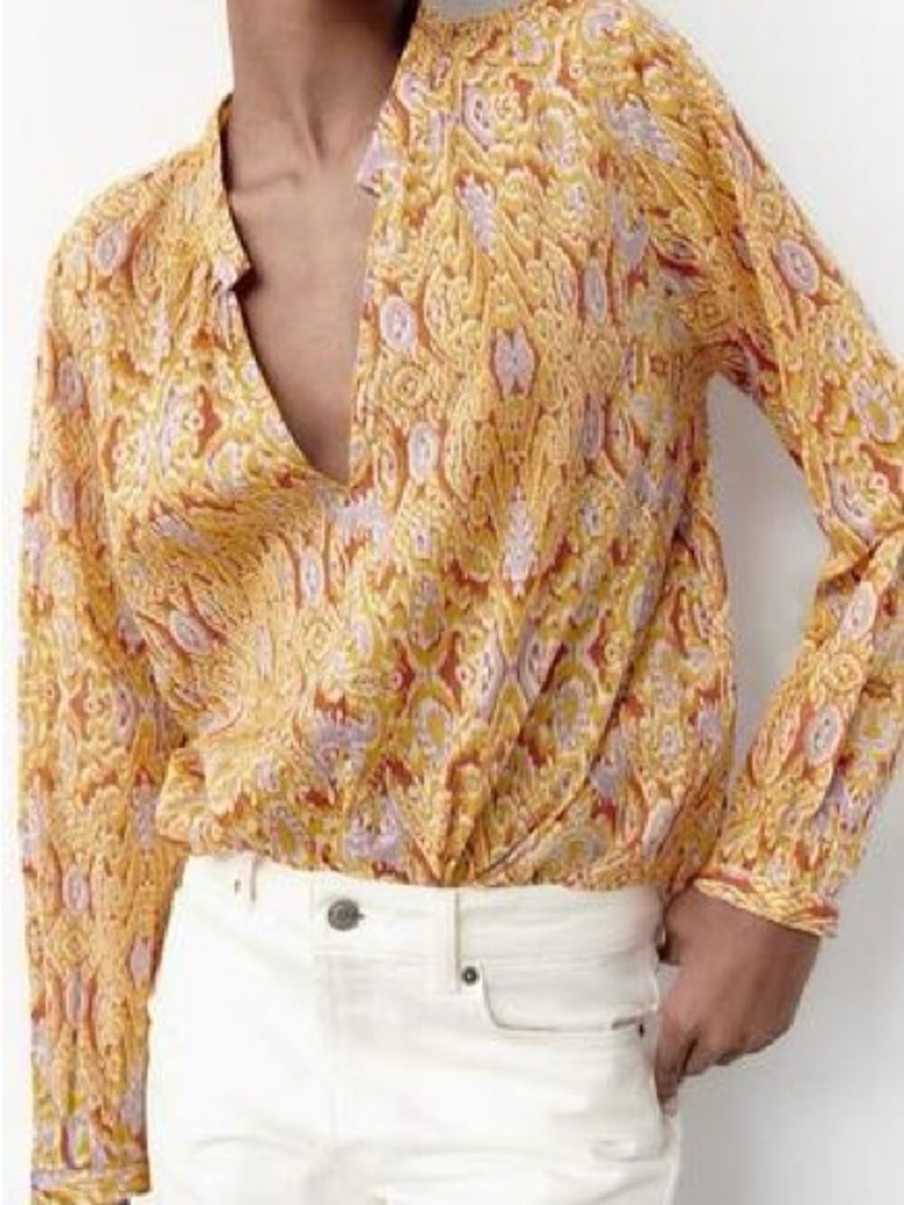 Zara Ikat Paisley Print Blouse Yellow Purple V-Neck Long Sleeve Boho Top Large